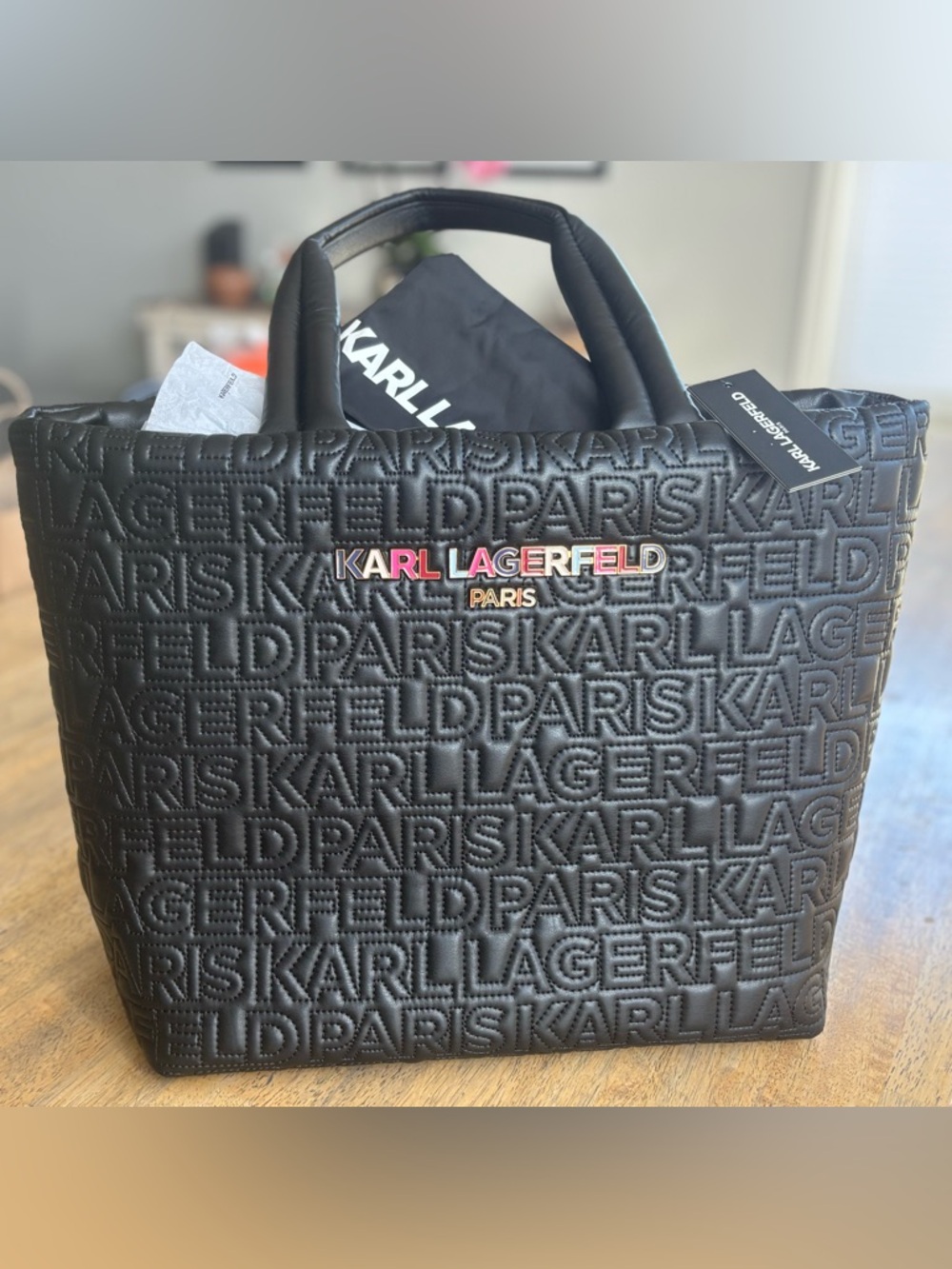 Karl Lagerfeld Black Quilted Logo Tote with Multicolor Metal Branding